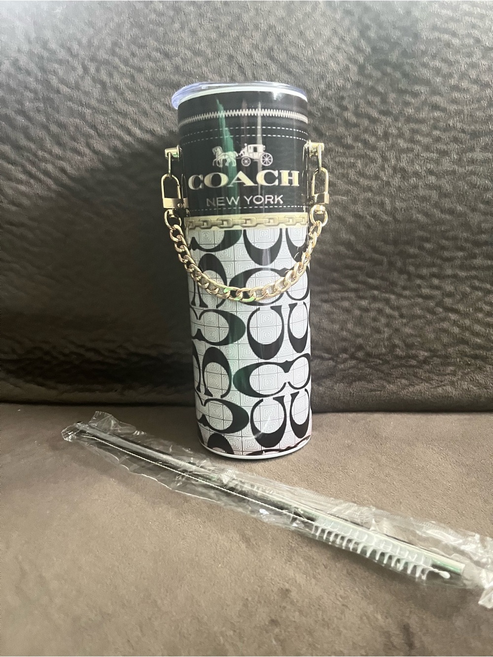 Coach Black & White Signature Tumbler Carrier with Gold Chain Handle